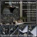 2 x Dimoon 78.7"x17.3" Vintage Wallpaper Boho Floral Peel and Stick Wallpaper Dark Black Gold Contact Paper Flower Removable Wall Paper Renter Friendly Stick on Kitchen Bathroom Self Adhesive Vinyl