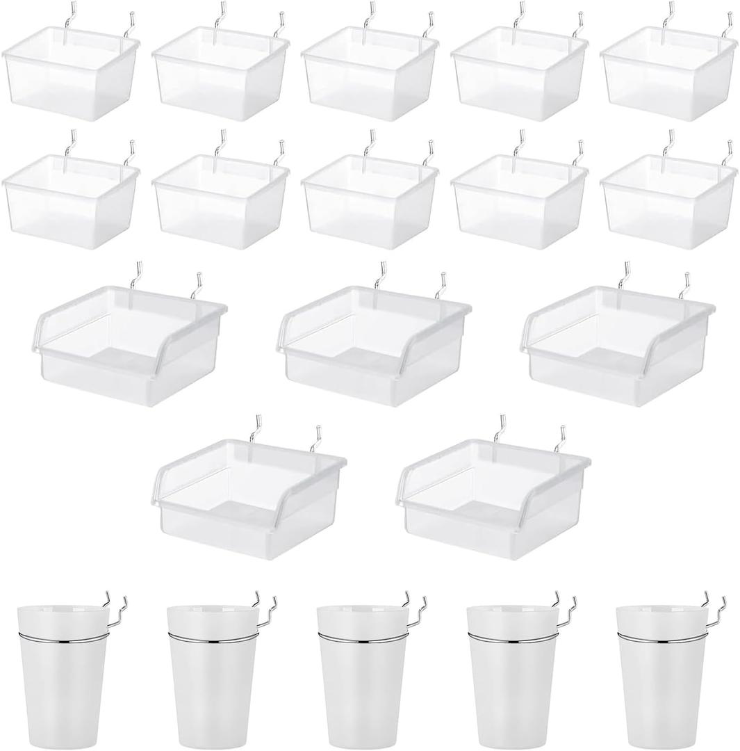 Merkaunis 20 PCS Pegboard Cups Pegboard Bins Set, Pegboard Wall Organizer with Hooks and Loops, Pegboard Wall Containers Clear Peg Hooks Assortment Organizer Accessory for Garage Storage