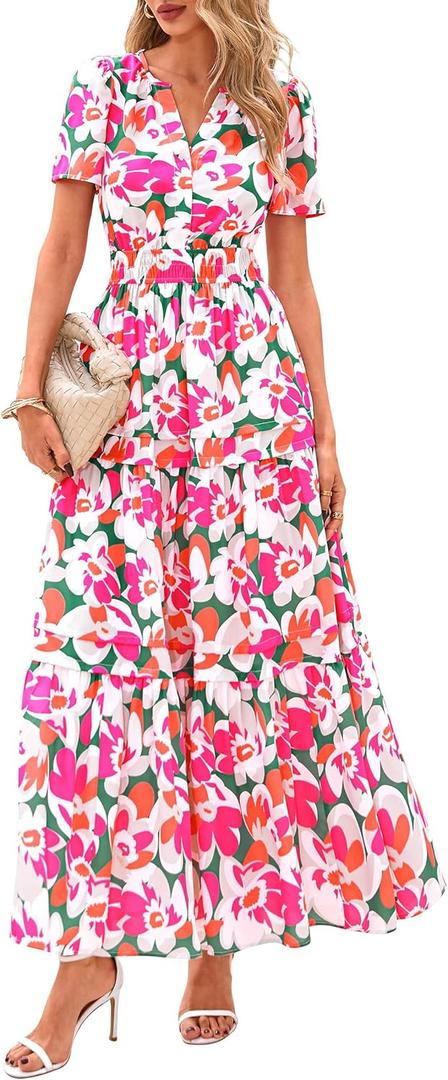 PRETTYGARDEN Women's 2026 Summer Boho Maxi Dresses Floral Short Sleeve V Neck A Line Tiered Flowy Long Beach Vacation Dress (Pink, XXL)