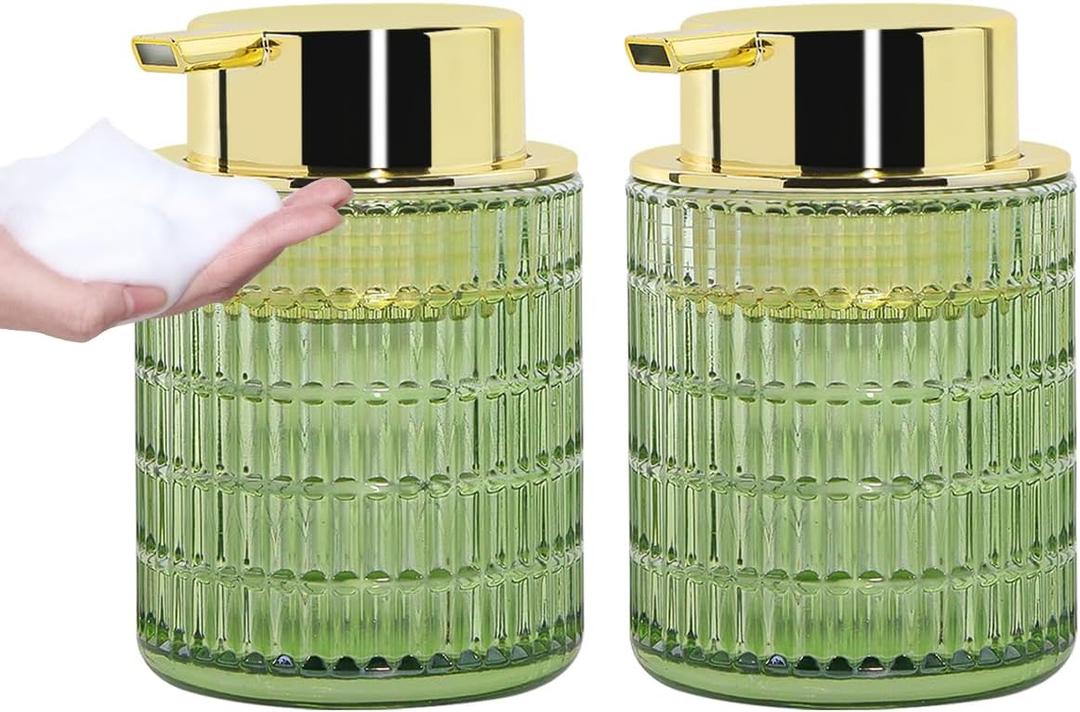 2pcs Green Foaming Soap Dispenser, Glass Foam Hand Soap Dispenser with Gold Pump, 10 Oz Bathroom Refillable Liquid Lotion Pump Ribbed Bottle Container for Countertop Decor