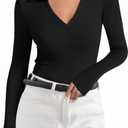 Long Sleeve Polo Shirts for Women V Neck Business Casual Work Tops Collared Shirts Slim Fit T-Shirts Fall Clothes (X-Large, Black)