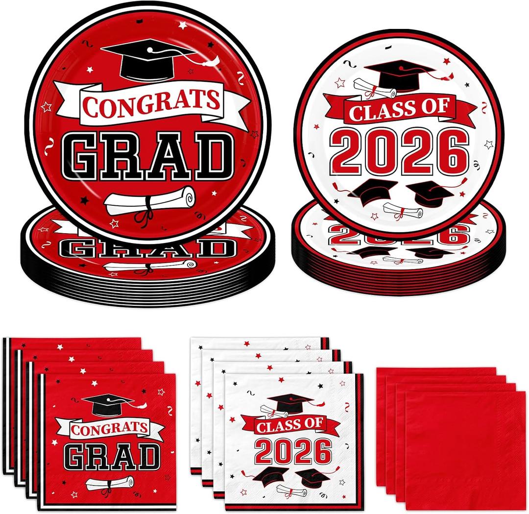 Graduation Party Plates and Napkins Red Class of 2026 Grad Congrats Party Supplies Disposable Dessert Paper Plates Cocktail Napkins forGraduation Party Decorations