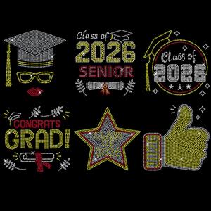 Glenmal 6 Pack Graduation Rhinestone Iron on Patches Class of 2026 Crystal Bling Patches Heat Transfer Applique Graduation Decorative Designs for DIY T Shirts Clothing, 6 Designs