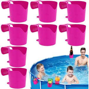 8PCS Poolside Cup Holders for Above Ground Pools Plastic Swimming Pool Drink Holder for Pool Side No Spills Pool Cup Holders for Drinks Fit for 2Or Thinner Round Bar Top Rails Pool Accessories R-Red