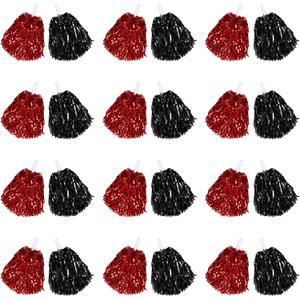 24 Pcs Cheerleading Pom Poms, Metallic Foil Handle Cheer Squad Team Spirited Fun for Party, Sports Dance Cheer, 30 Grams Weight Each (Red, Black)