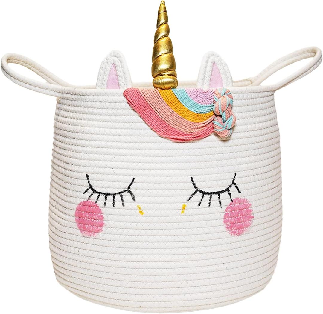 Large Unicorn Woven Basket with Handles - Toy Storage Bin, Baby Gift & Animal Nursery & Cute Laundry Basket, for Clothes, Towels, Toys (Unicorn)