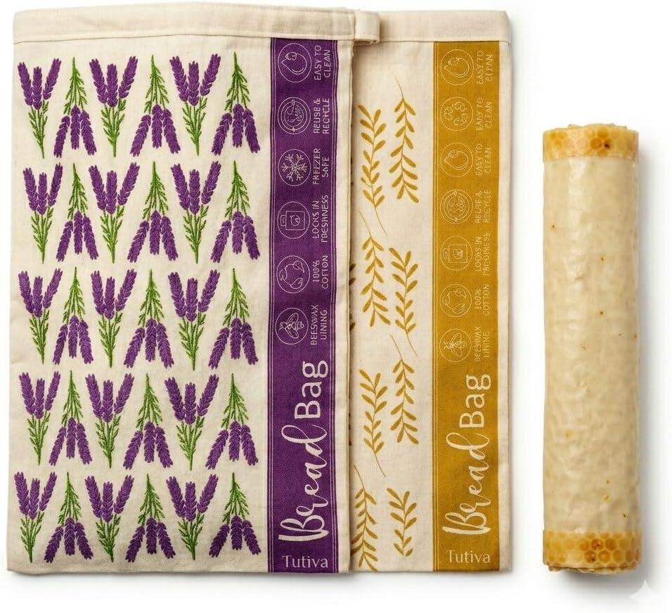 Beeswax Bread Bag for Homemade Bread (Set of 2) – Premium Sourdough Bread Bags & Loaf Storage – Eco-Friendly, Reusable, Washable & Freezer Safe – Ultimate Sourdough Bread Baking Supplies