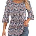 Ficerd Women's 3/4 Bell Sleeve Tops Crew Neck Pleated Shirts Trendy Dressy Casual Loose Fit Tunic Blouses(Large,Pink Blue Floral) (Pink, L)