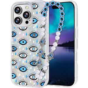 Compatible with iPhone 16 Pro Case for Women Girls, Slim Fit Glitter Cute Phone Case for iPhone 16 Pro with Pearl Phone Charm Lanyard Wrist Strap, Shockproof Hard Protective Case 6.1 Inch Shiny White