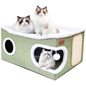 Extra Large Cat Beds for Indoor Cats, Covered Cat Cave Beds & Furniture with Scratch Pad and Fluffy Ball, Foldable Condo Hideaway with Reversible Cushion for Multi Small Pet Large Kittens, Green