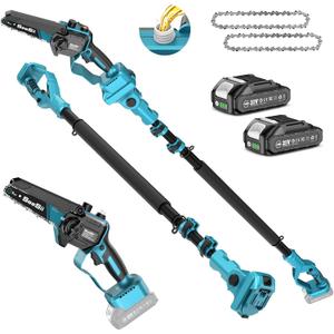 SEESII 2-in-1 Electric Pole Saws for Tree Trimming, 6 Inch Mini Chainsaw Cordless with Extension Pole, Battery Powered Pole Chain Saw, Tree Trimmer Limb Branch Cutter Pruner with 2 Battery PS600 (Blue)