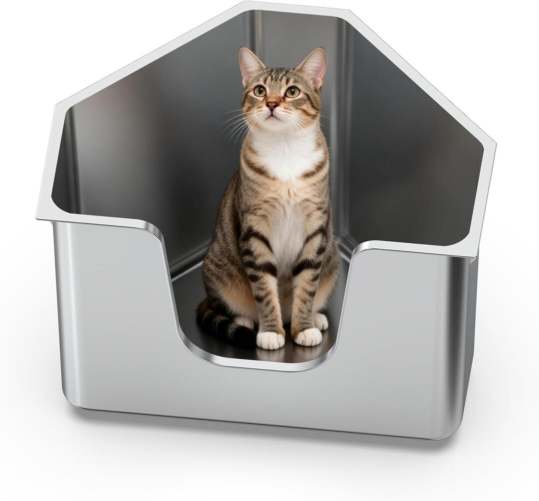 Stainless Steel Corner Litter Box 11.8” High Sides for Large & Multi Cats