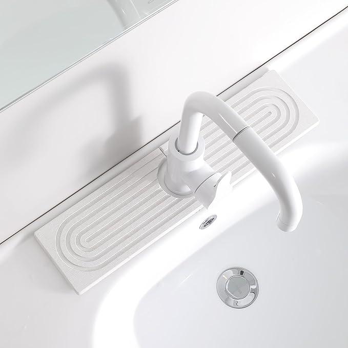 Stone Quick Dry Faucet Mat for Kitchen Sink [Diatomite Super Fast Drying] Stone Faucet Mat for Kitchen Sink Splash Guard Sinks Stone Quick Dry around Faucets Stones Drying Bathroom Quick Stones Mat (15.8" x 4", White)