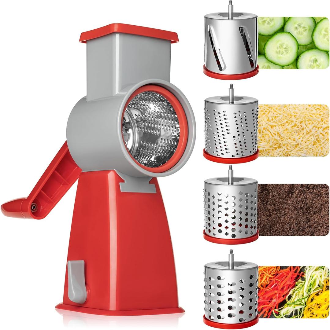 4-in-1 Rotary Cheese Grater Handheld, Lightweight Body with 4 Stainless Steel Blades & Non-Slip Suction Base, for Shredding Parmesan, Slicing Vegetables, Grating ChocolateRed