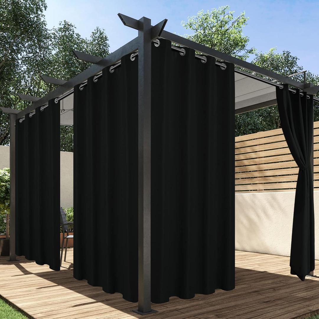 HolidayIdeas Outdoor Curtains for Patio Waterproof, 4 Panels - 54 x 95 Inch - Privacy Protection & Light Filtering Curtains Black Grommet Outside Curtains for Porch, Gazebo, Pergola, Backyard