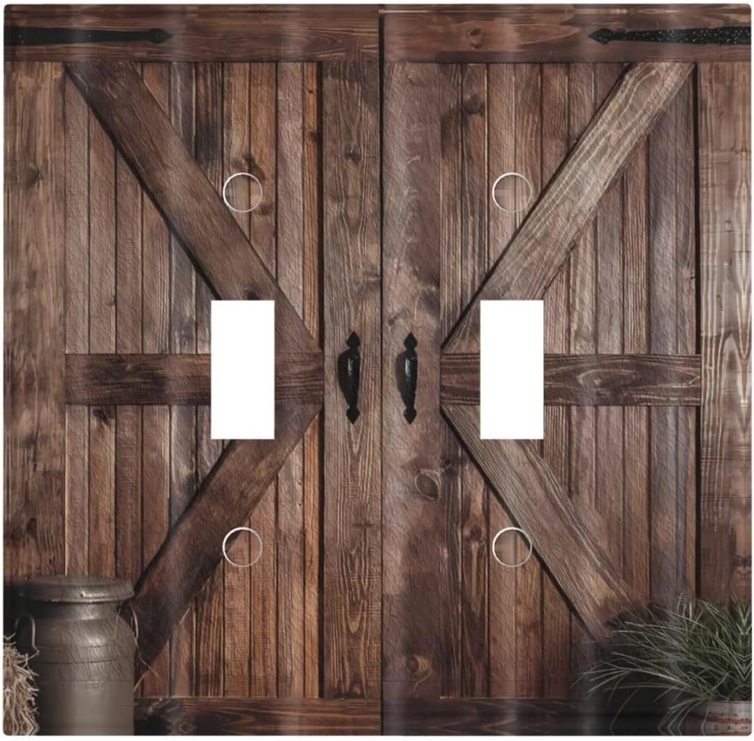 Rustic Farmhouse Brown Wood Barn Door Print Country 2 Gang Double Toggle Decorative Light Switch Covers Electrical Wall Plates Receptacle Switchplate Faceplates for Bathroom