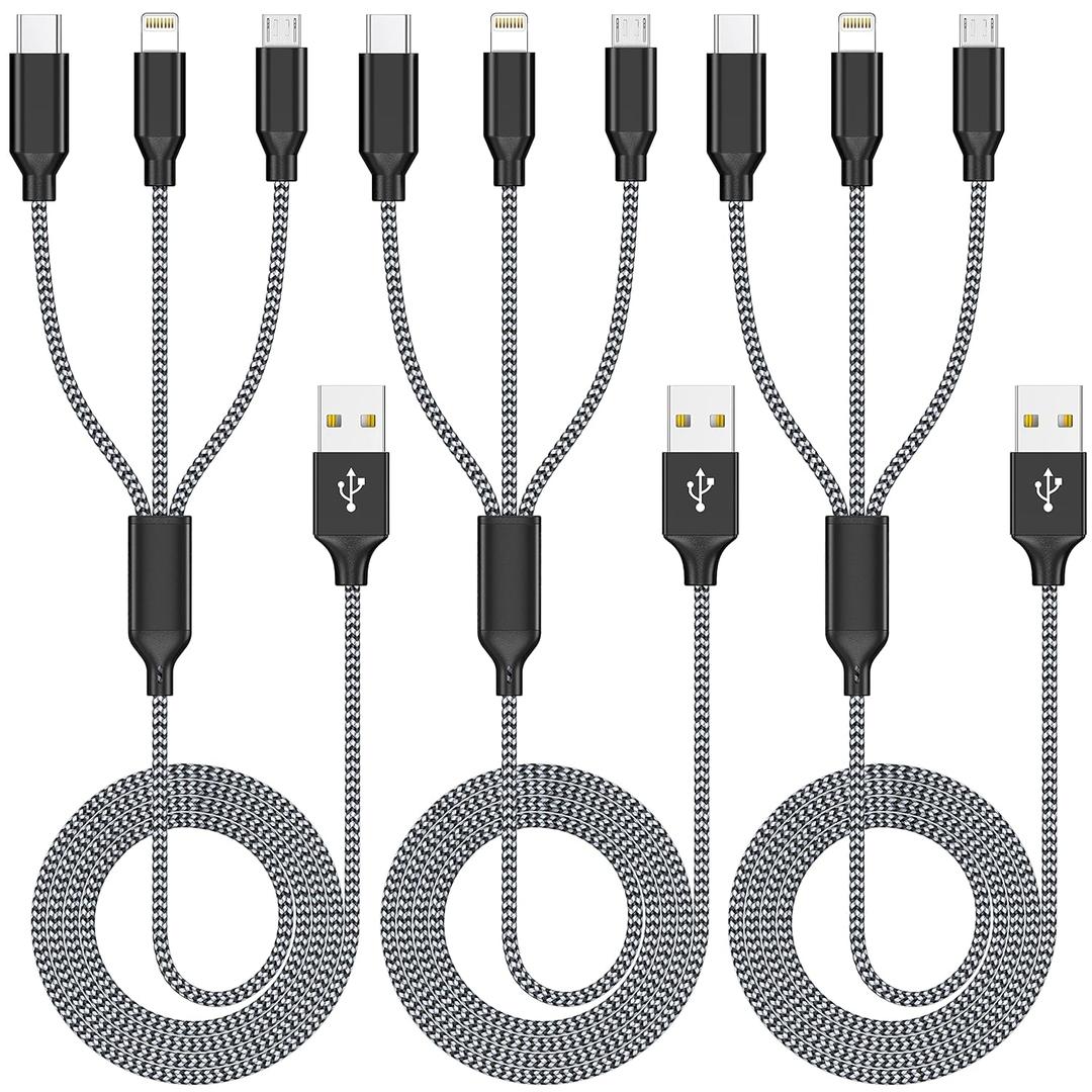 Multi Charging Cable 4ft 3Pack 3 in 1 Charger Cord, Multiple Rapid Nylon Braided Cable USB Charging Cable Multi Phone Charger Cord with Type C Micro Lightning USB Connectors for Cell Phones