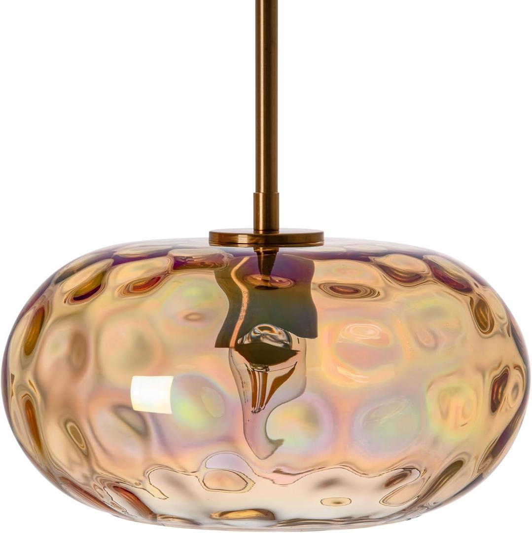Large Glass Pendant Lighting, Hammered Lampshade Chandelier with Height Adjustable Hanging Rods, Brass Gold Chandelier for Dining Living Room Kitchen Island (Colorful Deep Amber, 11 Inch)