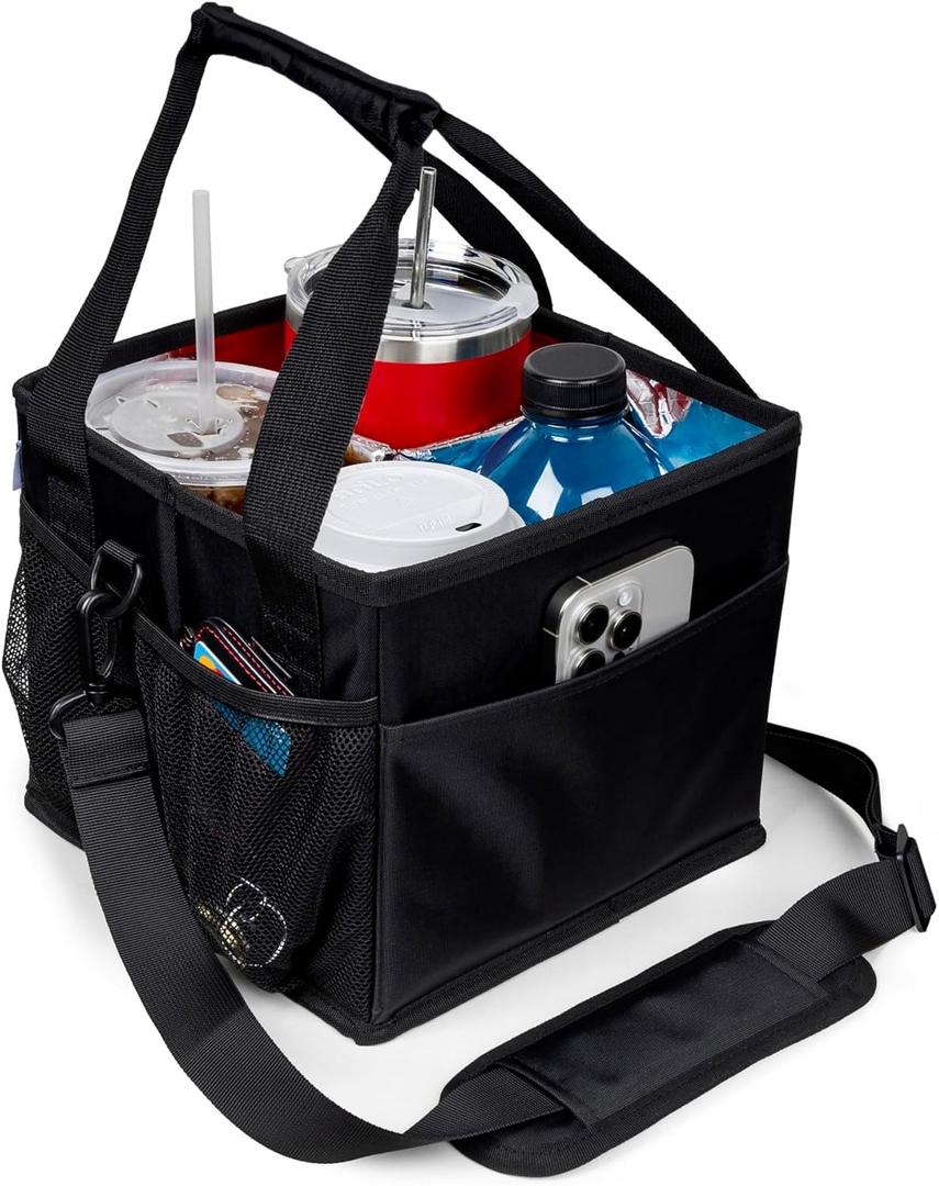 Reusable Drink Carrier with Handle  Tip-Resistant 4 Cup Carrier with Shoulder Strap for Delivery  Insulated, Foldable, Adjustable Dividers  Portable Caddy Tote Bag, Drink Holder for Car (Black)