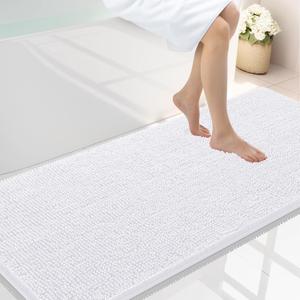 Smiry Luxury Chenille Bath Rug 59''x24'', Extra Soft and Absorbent Shaggy Bathroom Mat Rugs, Machine Washable, Non-Slip Plush Carpet Runner for Tub, Shower, and Bath Room, White