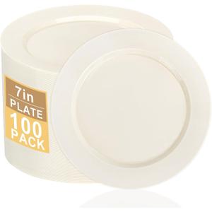 100 Pcs Ivory Plastic Plates, 7 inch Cream Dessert Plates, Elegant Disposable Plates Perfect for Wedding, Baby & Bridal Shower or Party (100 Guests)