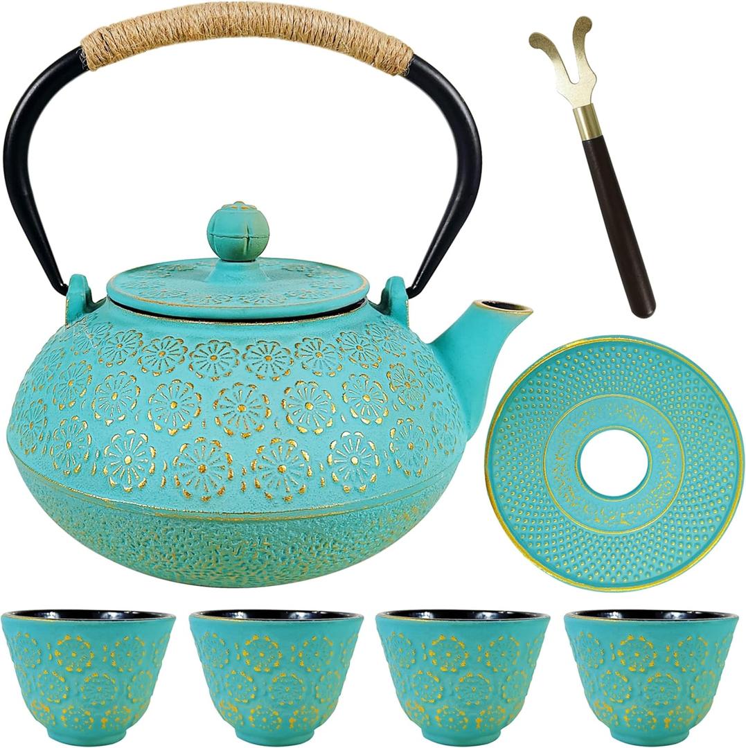 Japanese Tea Set,Cast Iron Tea Pot for Stovetop,Tea Pot with Infusers for Loose Tea,Tea Kettle with 4 Cups,Trivet&Cap Lifter,Flower Design Teapot,Coated with Enameled Interior-32 Ounce(900ml),Teal (32Ounce)