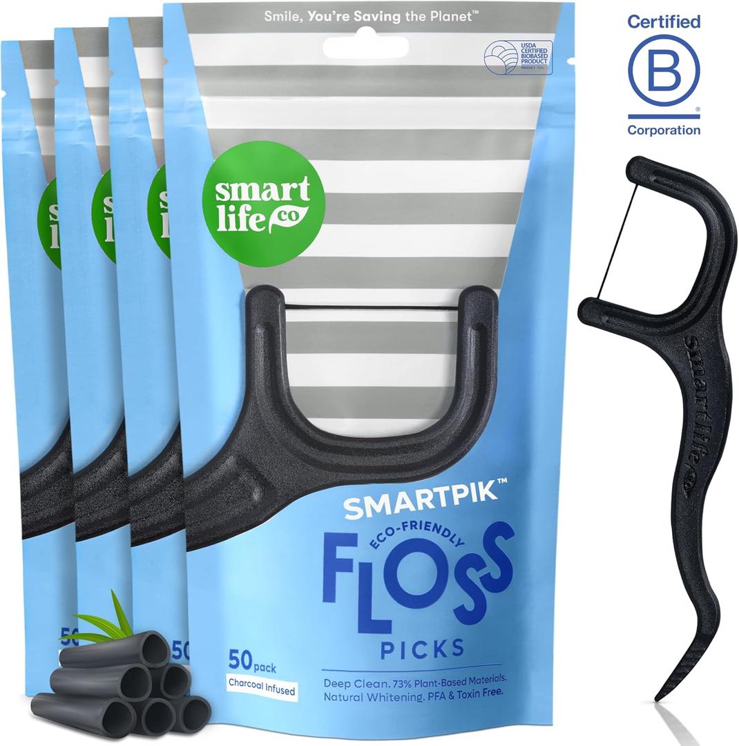 SmartLifeco Eco-Friendly Dental Floss Picks (200ct) - Flossers Made with Straw Wheat Blend, Natural Teeth Whitening, Tooth Pick Stick for Adults, Soft on Gums, Activated Bamboo Charcoal Floss Thread (1 Count (Pack of 200))