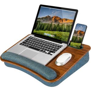 LAPGEAR Portable Laptop Lap Desk with Pillow Cushion, Anti-Slip Strip, Tablet or Phone Storage Slot, Pen and Pencil Pocket, and Wrist Rest - Espresso Woodgrain - Fits 15.6" Laptops - Style No. 91342