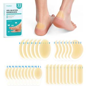 Hydrocolloid Gel Blister Bandages Pads - (Variety Pack) Promifun 32ct Waterproof Adhesive Blisters Bandages - Blister Pads for Heel, Foot, Toe, Feet - Gel Blister Chshions for Prevention & Recovery