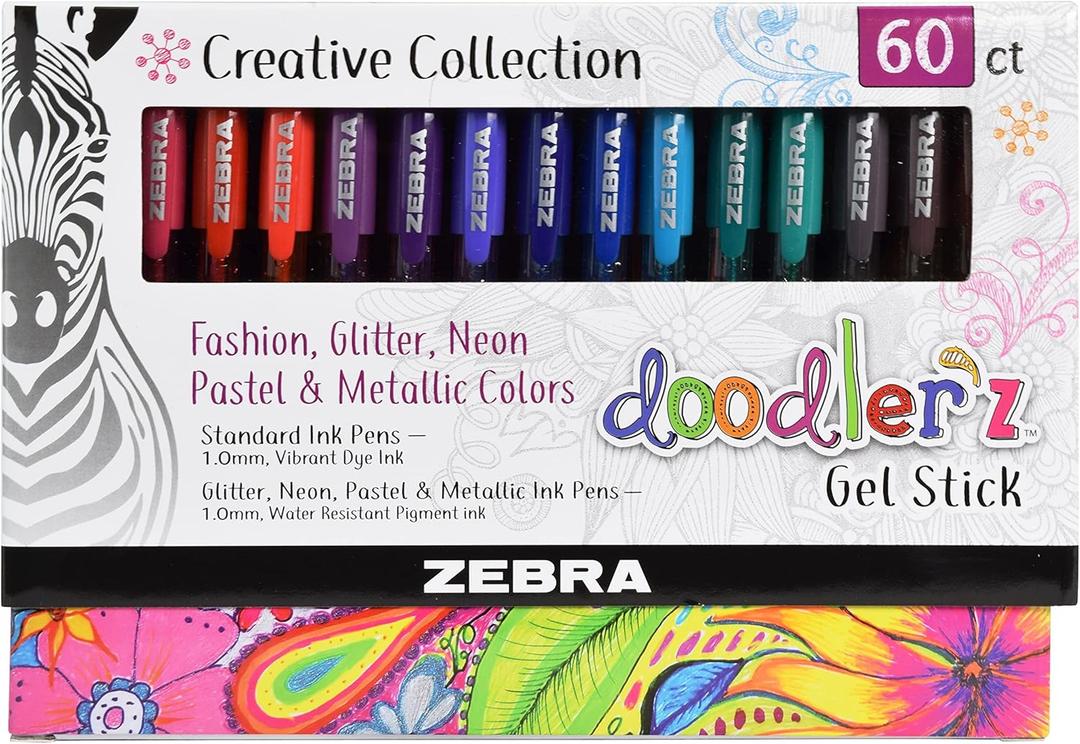 Zebra Pen, doodlerz Gel Stick Pens, 1.0mm Needle-Point Tip, Glitter, Neon, Pastel, Metallic Gel Ink, Vibrant Assorted Colors, Water-Based Ink, Art and School Pens, 60 Count Pack (41960)