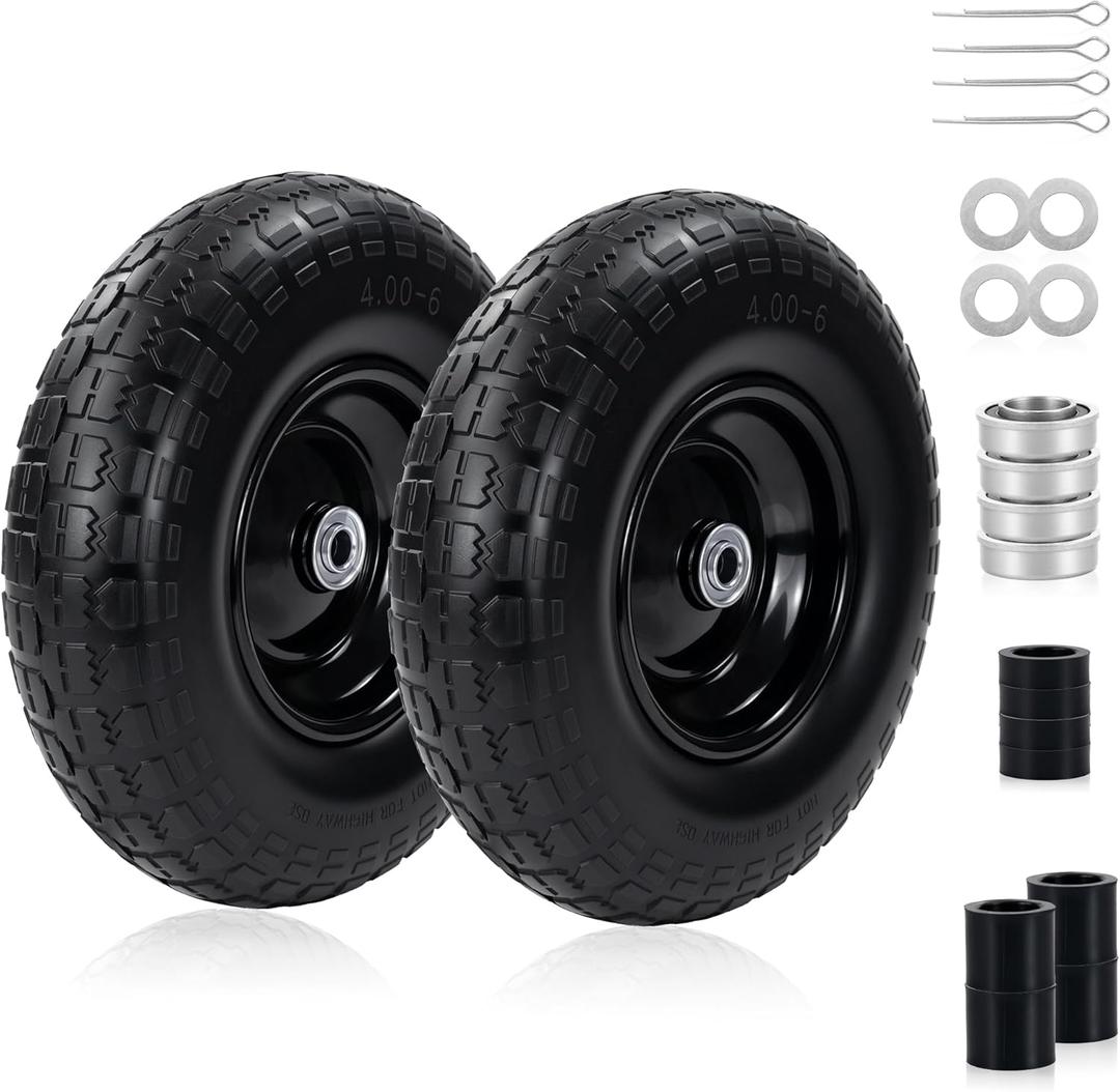 2PC 13" 4.00-6 Tire and Wheel Flat Free, Universal 5/8" Bearings & Extra 3/4" Bearings, 350lbs Load Capacity, 4.00-6 Tire Replacement for Gorilla Carts and Other Garden Carts, Wheelbarrows, Trolleys.