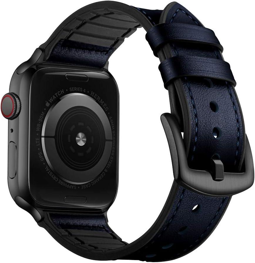 OUHENG Leather Bands Compatible with Apple Watch Band 42mm 41mm 40mm 38mm, Genuine Leather Rubber Hybrid Strap for iWatch Series 11 10 9 8 7 6 5 4 3 2 1 SE3 SE2 SE, Dark Blue/Black