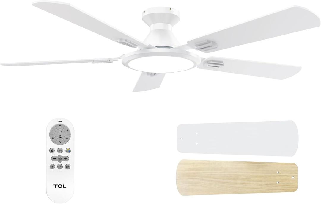 TCL Ceiling Fans with Lights, 52 Inch Low Profile Ceiling Fan with Light and Remote Control, Flush Mount, DC Reversible Motor, Noiseless, 6 Speeds Ceiling Fan for Bedroom (White)