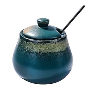 BOSILI Green Ceramic Sugar Bowls with Spoon Porcelain Salt Container with Lid for Home and Kitchen