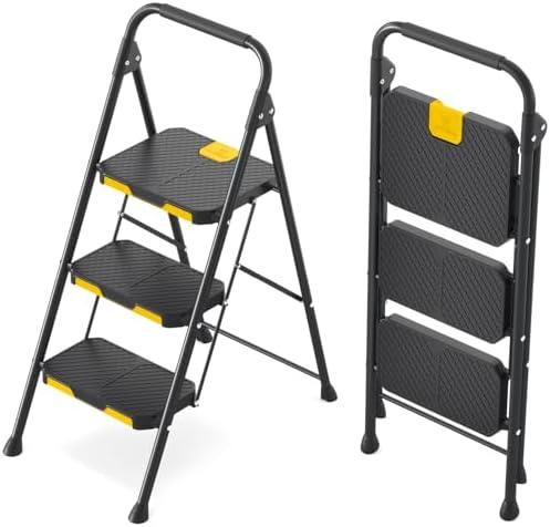 KINGRACK 3 Step Ladder, Sturdy Steel Step Stool with Safe-Lock Design, Handrail, Anti-Slip Wide Pedals, Pass 800lbs Load Testing, Folding Portable Ladder for Multi-Purpose, Home, Kitchen, Black - Amazon.com