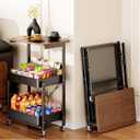 PureBox 3-Tier Rolling Cart with Lockable Wheels, Portable Storage Cart Organizer, Premium Wood Top & Carbon Steel Basket, Sturdy Multifunctional Utility Cart for Kitchen, Living Room, Black