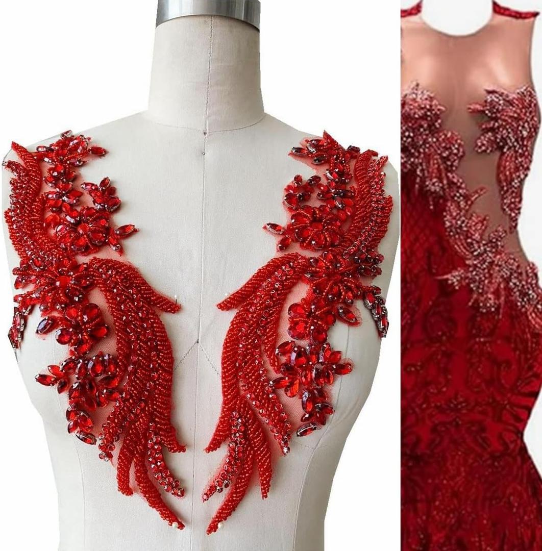 Handmade Rhinestones lace Applique handsewing Beads Trim Patches for Dress Clothing Accessories 35X12cm 1Pair/Bag (Red) Handmade Rhinestones lace Applique handsewing Beads Trim Patches for Dress Clothing Accessories 35X12cm 1Pair/Bag (Red)