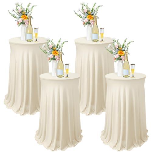 Tegeme 2 Packs Round Spandex Cocktail Tablecloths with Skirt 32 x 43 Inch Cocktail Round Table Cover Spandex Stretch Square Tablecloth Skirt for Table Bar Wedding Party Banquet (Beige)