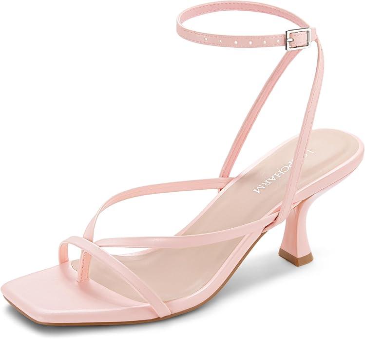 LOOPCHARM Women's Kitten Heel Strappy Open Square Toe Thong Ankle Strap Heels for Wedding,Light Pink,7