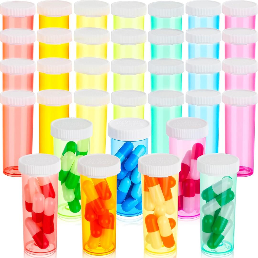 Honeydak 70 Pcs Empty Pill Bottles with Caps Weekly Plastic Prescription Bottles 7 Color Medicine Container with Lids for Pills Protein Powder Vitamins Supplements Travel Pharmacies Labs, 6 Dram
