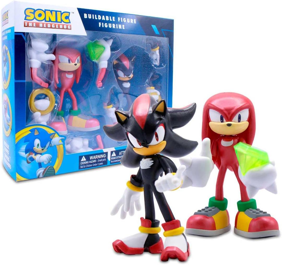 Official Sonic The Hedgehog Metallic Knuckles & Shadow 4 Action Figures  Buildable, Interchangeable Arms & Accessories, Collector Window Box