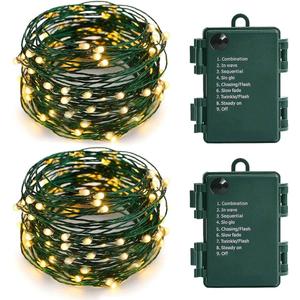 MASHANG Christmas Lights Battery String Lights 33FT 100 Micro LEDs Starry Lights Fairy Lights Firefly Lights with Dark Green Copper Wire for Christmas Tree, Wreath, DIY, Holiday(Warm White, 2 Pack)