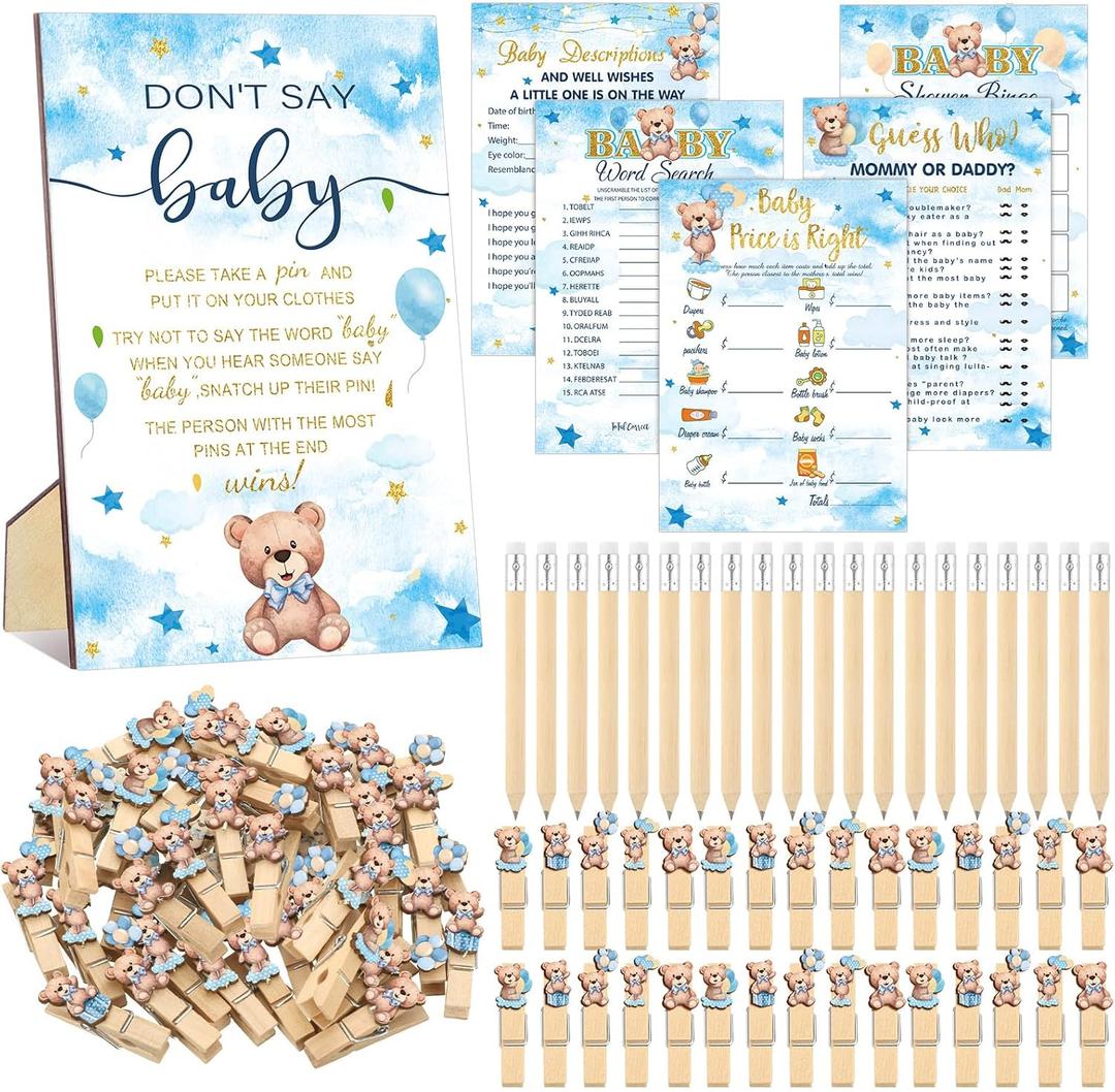 Patelai 321 Pieces Bear Baby Shower Game Supplies for Girl or Boy 5 Set Include 50 Activity Cards 20 Pencils 1 Don't Say Baby Sign 50 Clothespins for Price Is Right Prediction Bingo Game Party Decor