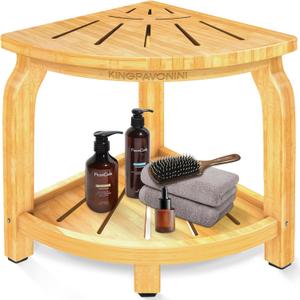 KingPavonini Bamboo Corner Shower Stool for Shaving Legs Foot Rest, Waterproof Bath Bench Seat with Storage Shelf for Bathroom Inside Shower, Hold Up to 450Lbs (Medium)
