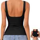 OwnTime Women's Tank Tops with Built-in Bra Open Back Ribbed Sleeveless Boat Neck Slim Fit Summer Top (Black, M)