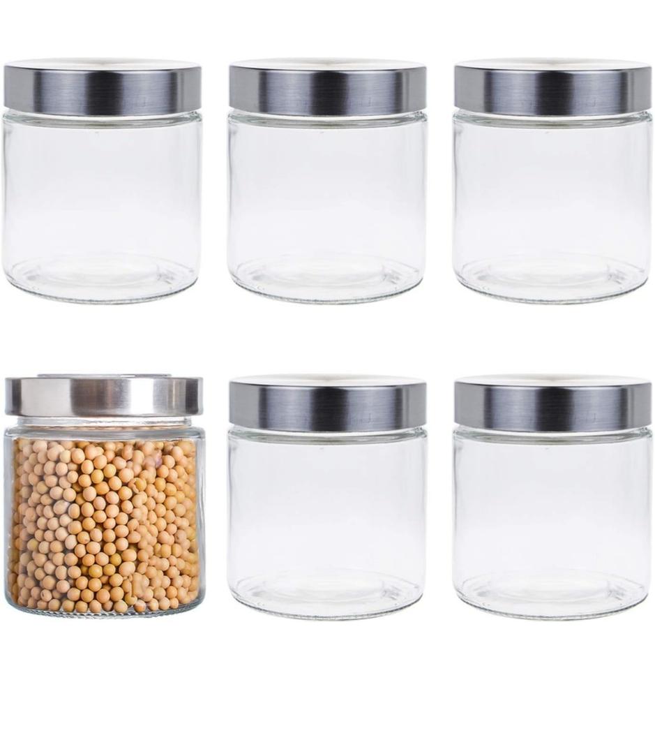Lawei 6 Pack 27 Oz Clear Glass Jars with Stainless Steel Lids - Glass Food Canister Set Food Storage Jars for Cookie Rice Beans Pasta Snacks