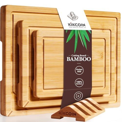 Kikcoin Over Sink Bamboo Cutting Boards for Kitchen - 3+1 Piece Self-Draining Healthy Wood Cutting Board Set with Built-in Handle& Spout, Charcuterie& Meat Extra Large Butcher Chopping Boards, Natural