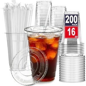 ARTLYMERS 200 Pack - 16 oz Clear Plastic Cups with Lids and Straws, Disposable Iced Coffee Cups with Lids for Cold Drinks, Crystal To Go Smoothie Cup, Milkshakes, Juices, Coffee Accessories