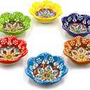 6 Pcs Daisy Shaped Hand Painted Decorative Serving Turkish Tiny Bowls - Handmade Ceramic Bowl - Set of 6 (3.7 inc/9.5cm) 2.5 Oz Pinch Multicolor Small Serving Bowls - Best Gift Set
