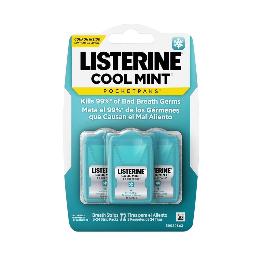 2 x Listerine PocketPaks Cool Mint Breath Strips, Portable Pocket-Sized Oral Care Mouth Freshener, Dissolving Strips Kill 99% of Bad Breath Germs, Sugar Free, 3 x 24-Strip Packs